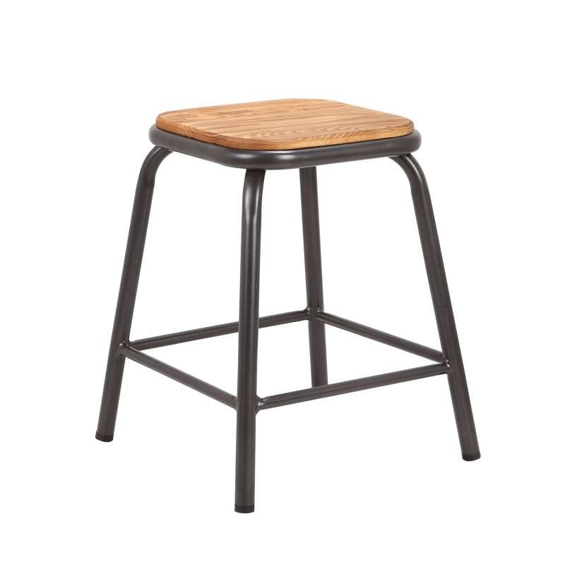 Tabouret bas industriel en métal assise bois - Matis